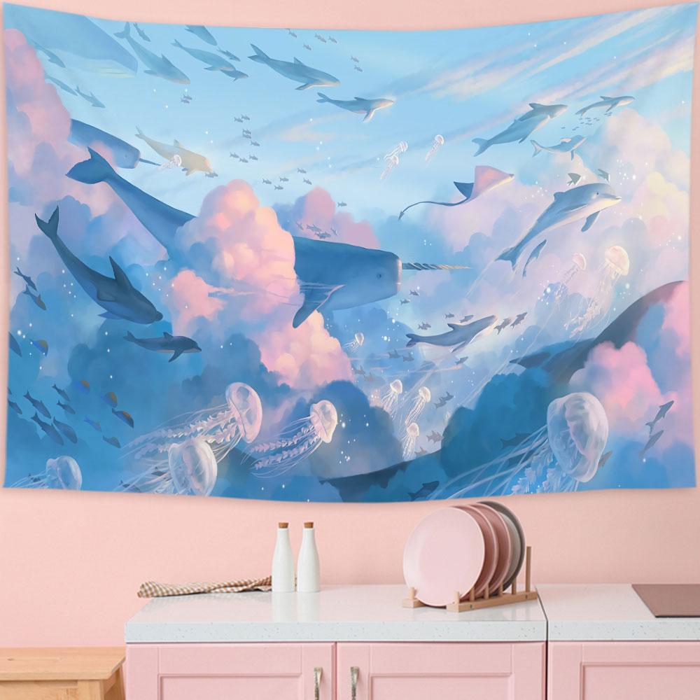 Marine Aquarium Decorations - Cartoon Sky Dolphin Tapestry Wall Hanging